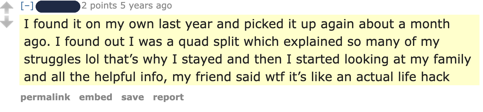 Screenshot of the real Reddit comment this quote comes from, username hidden